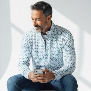 Fore Fathers White and Blue Quarter Zip Long Sleeve Polo Size Large EUC